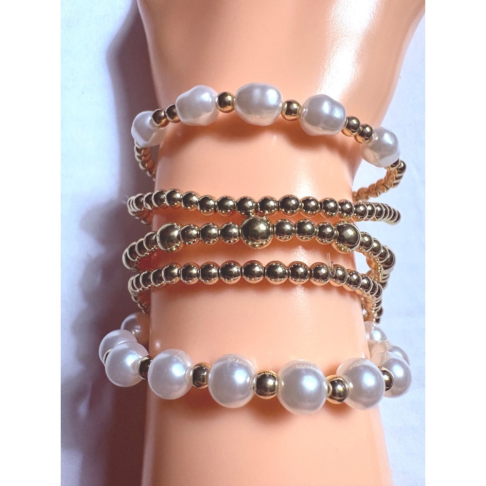 Gold Tone Faux Pearl Beaded Stretch Bracelet Set 5 Piece Stackable White Gold
